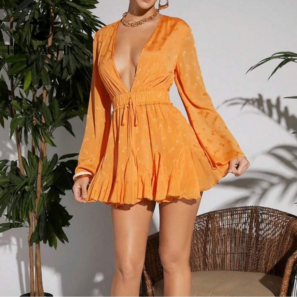 SHEIN Travachic Plunging Neck Knot Front Solid Dress